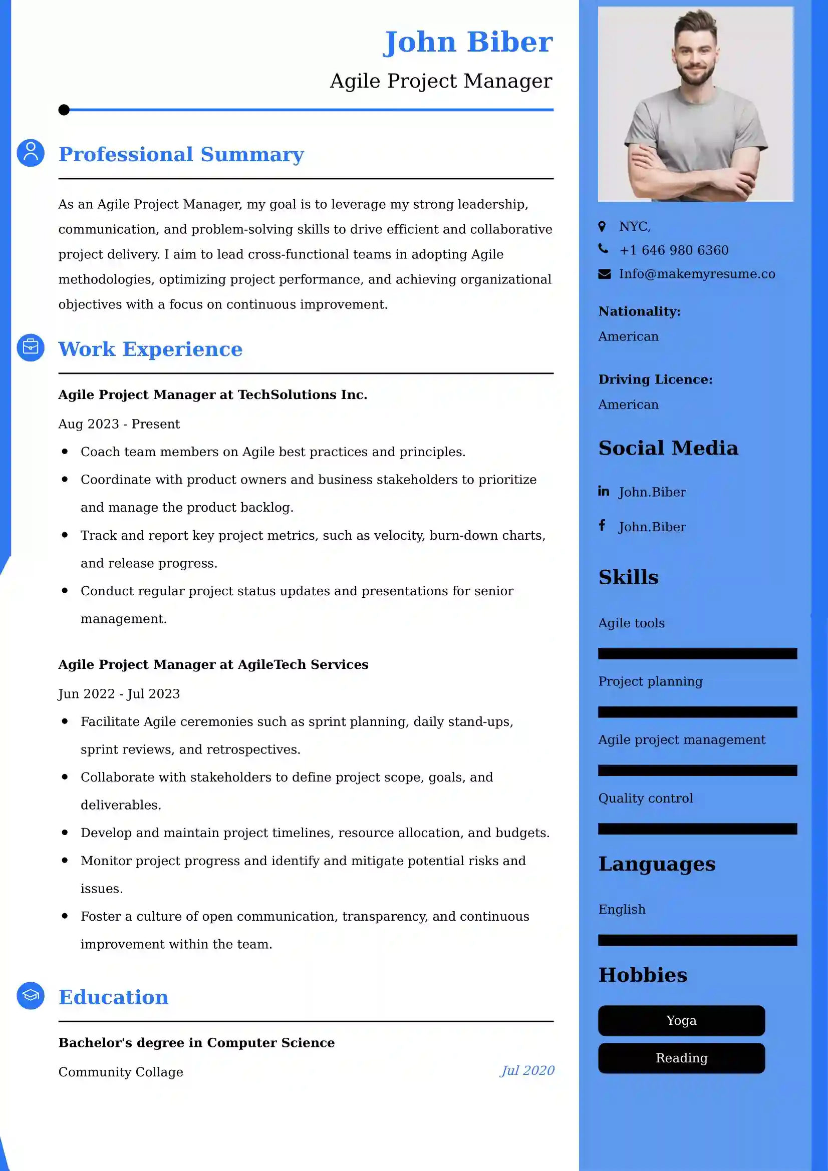 Agile Project Manager Resume Examples India