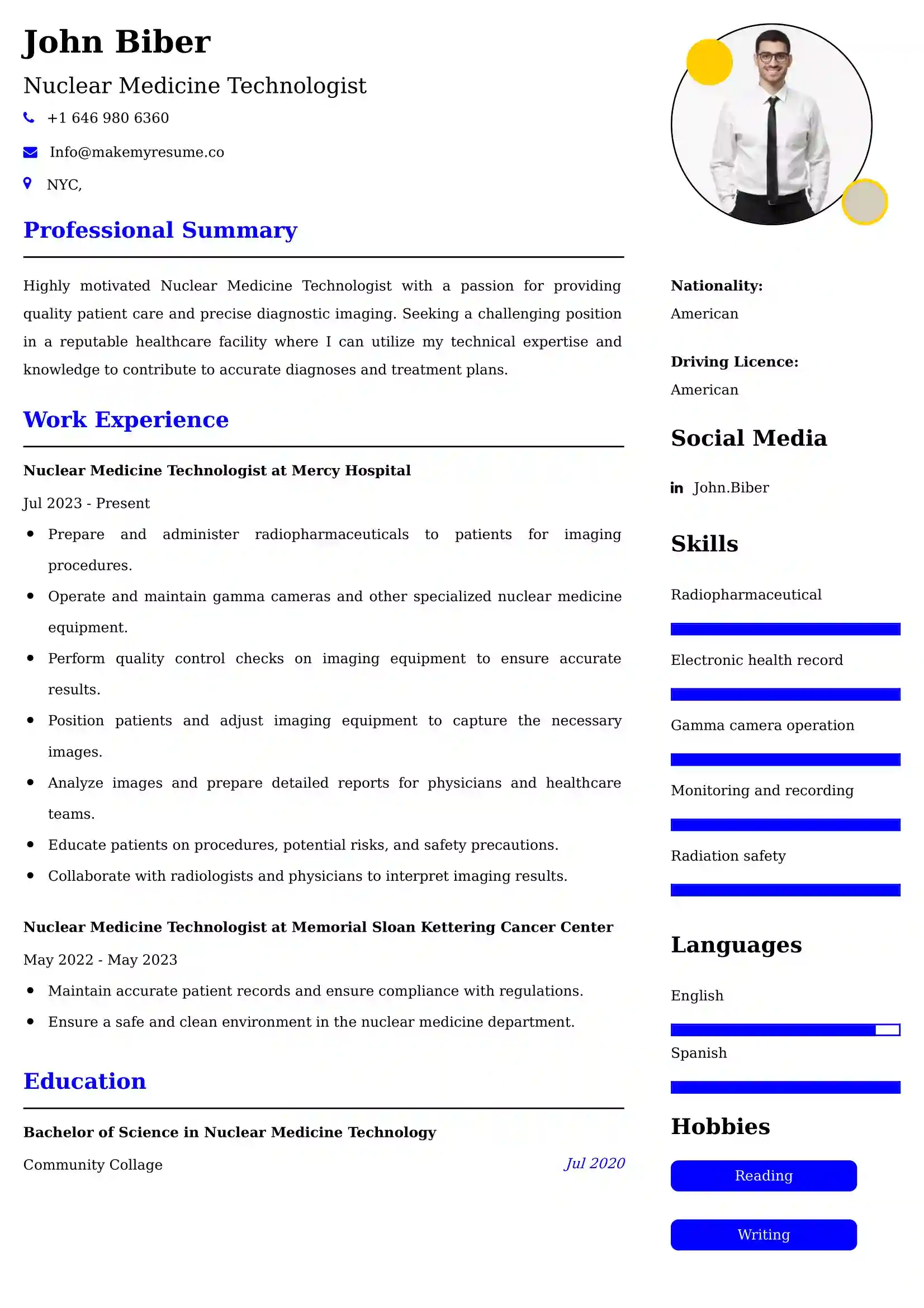 Nuclear Medicine Technologist Resume Examples India
