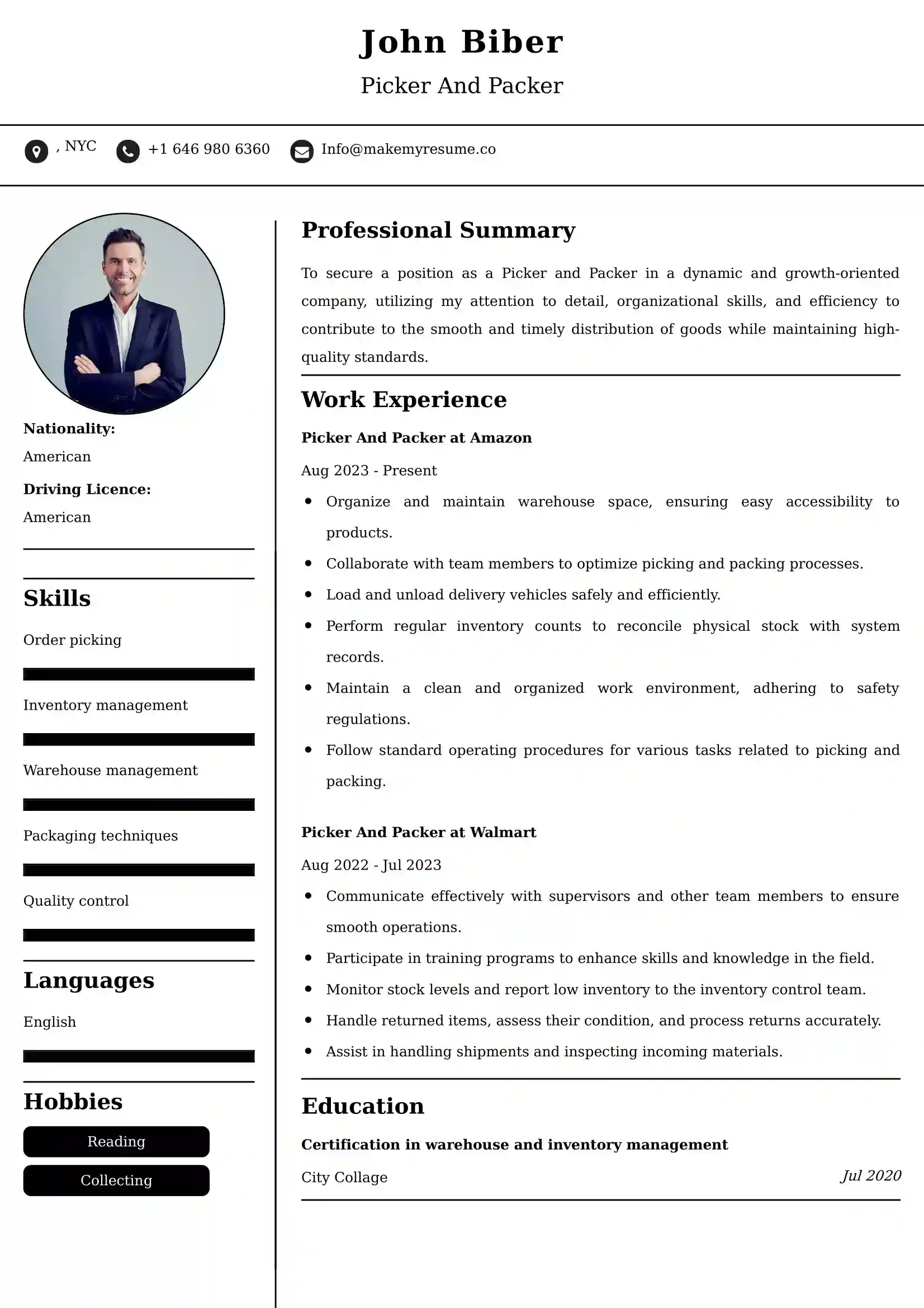 Picker And Packer Resume Examples India