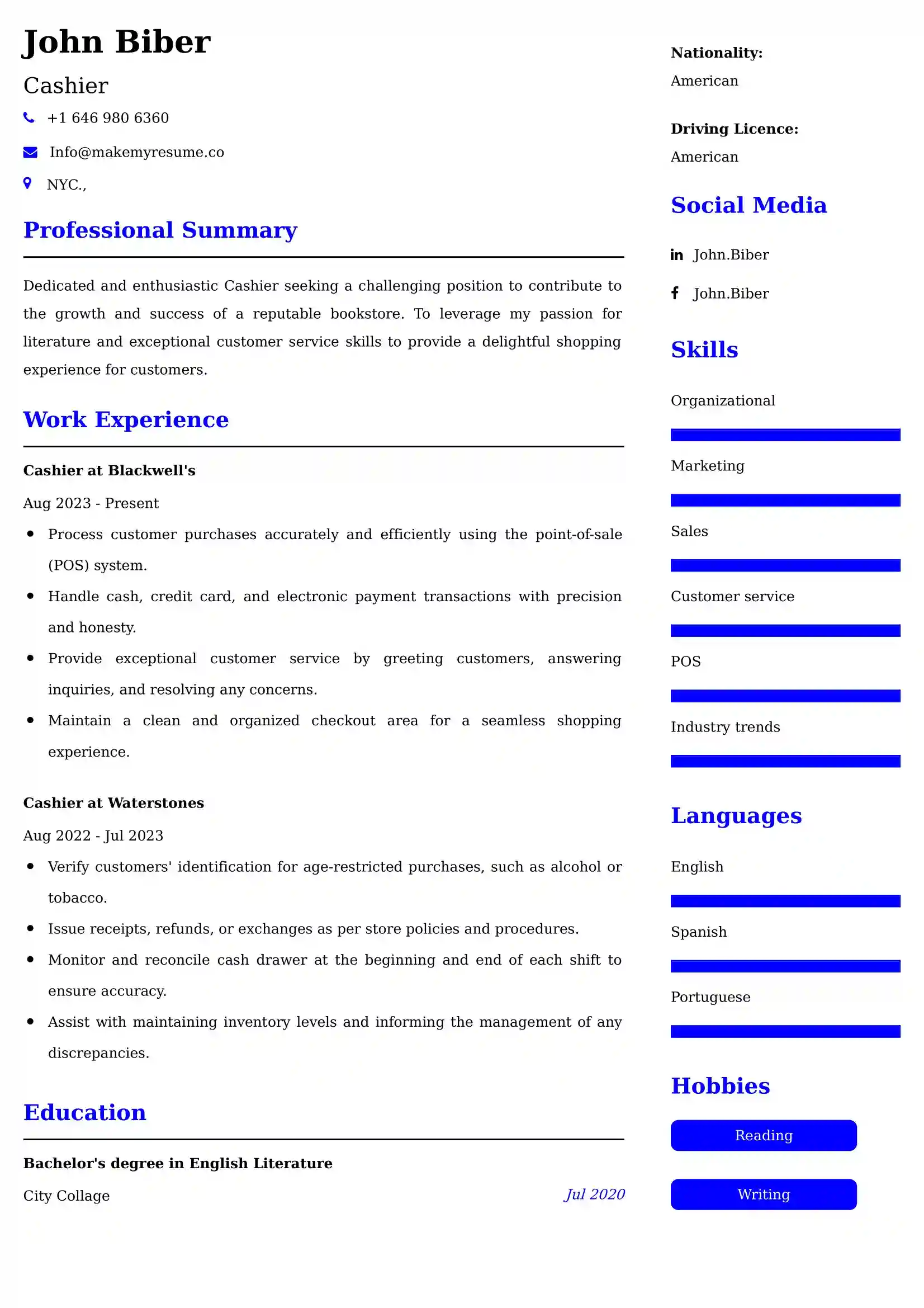 Cashier Resume Examples India