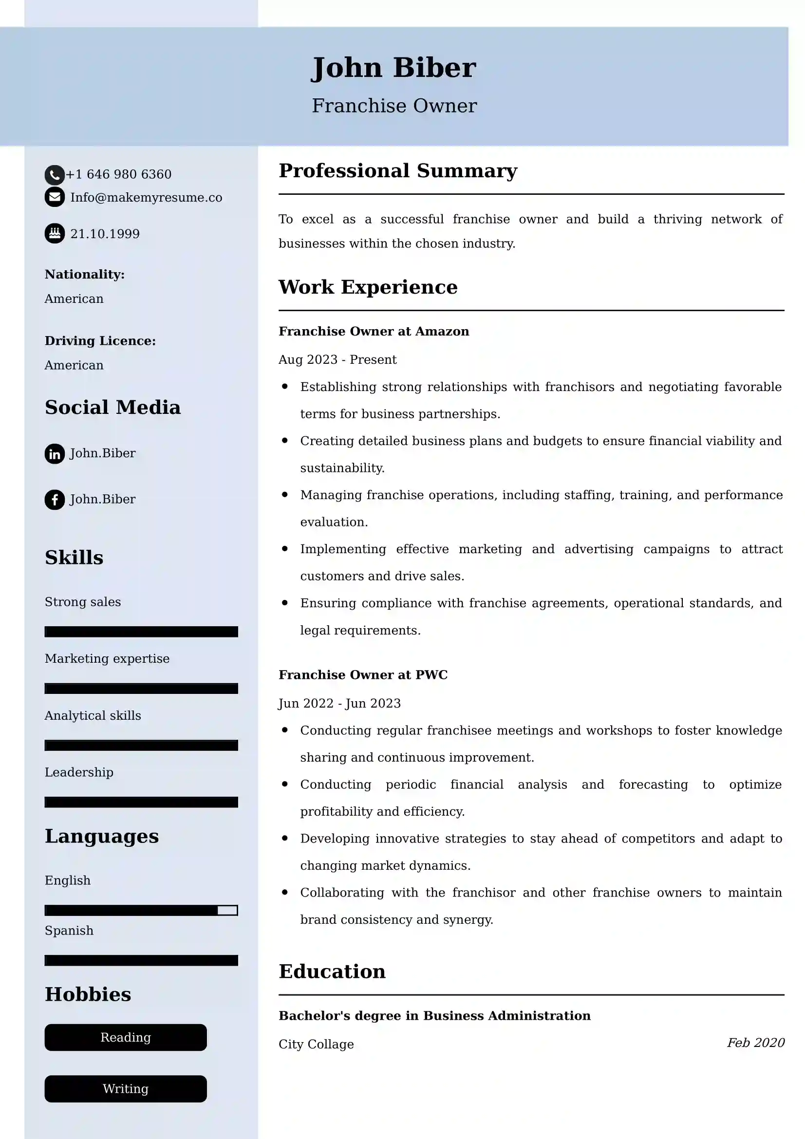 Franchise Owner Resume Examples India