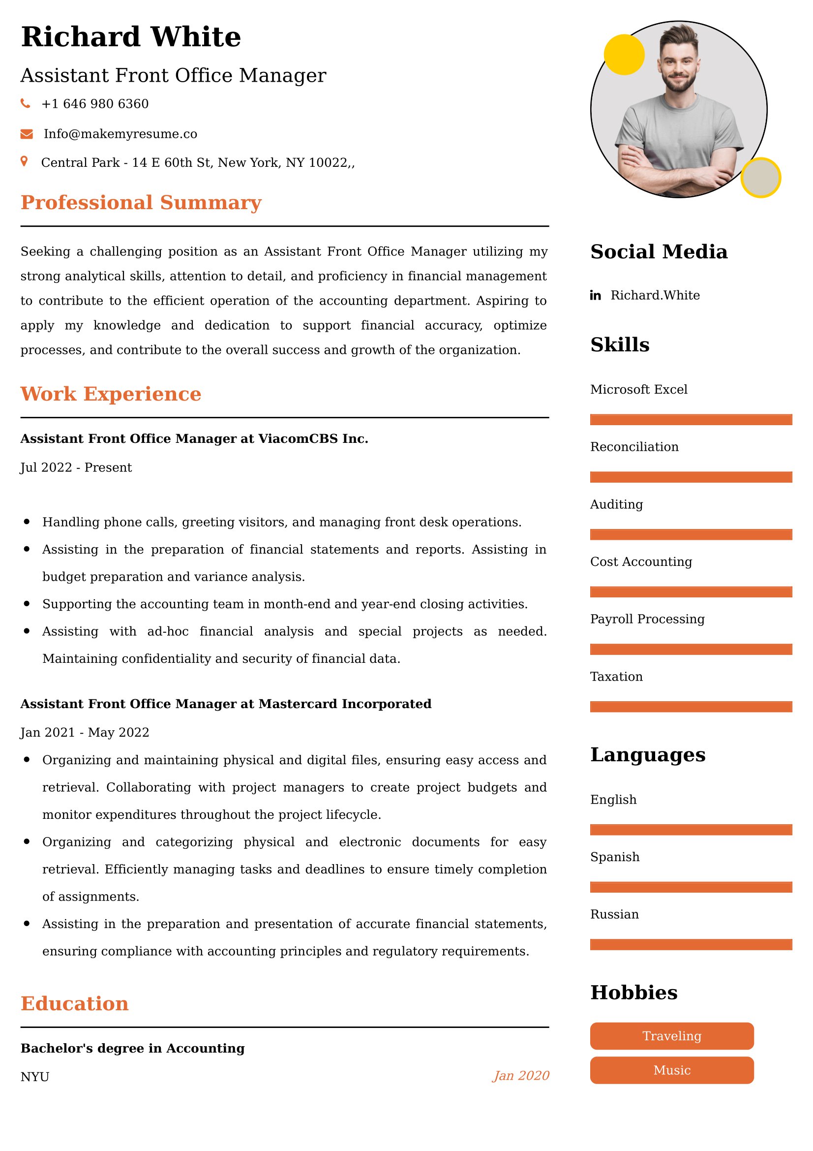 Assistant Front Office Manager Resume Examples India