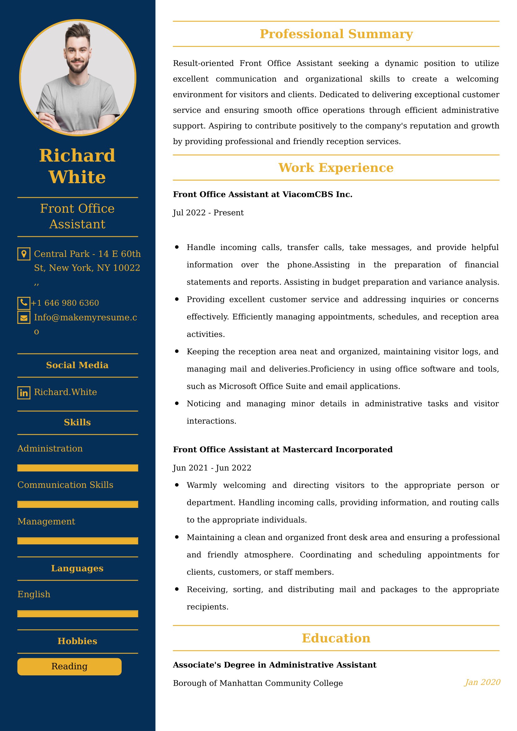 Front Office Assistant Resume Examples India