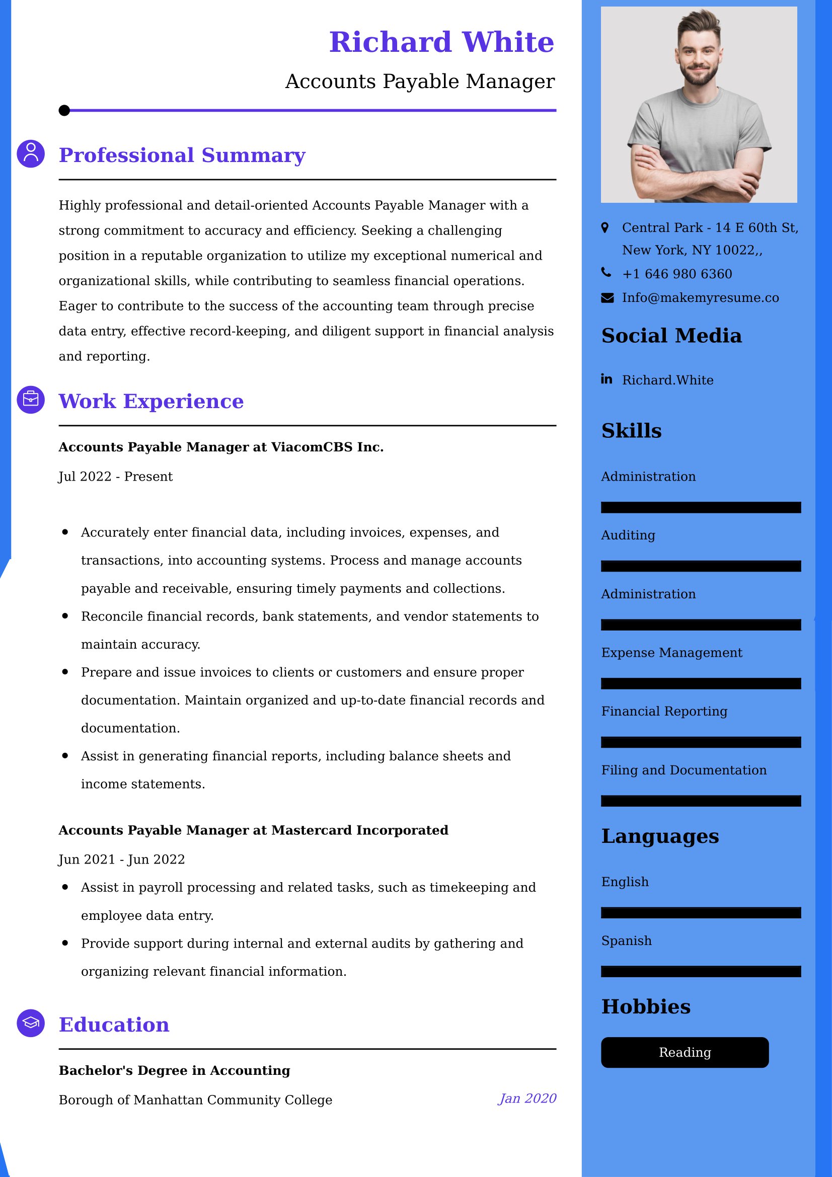 Accounts Payable Manager Resume Examples India
