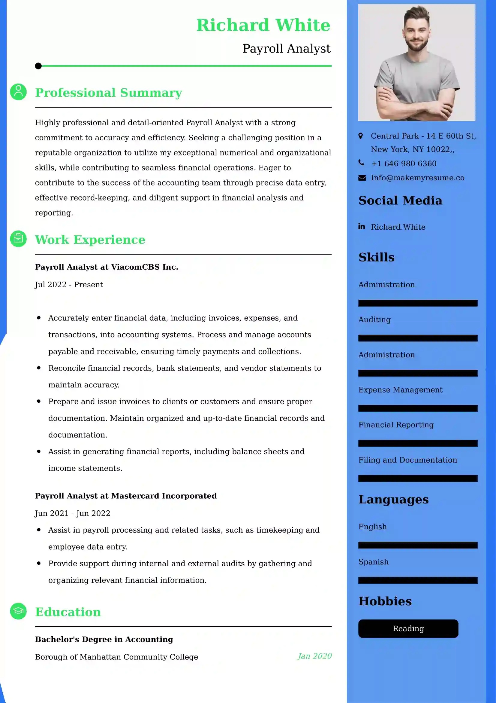Payroll Analyst Resume Examples India