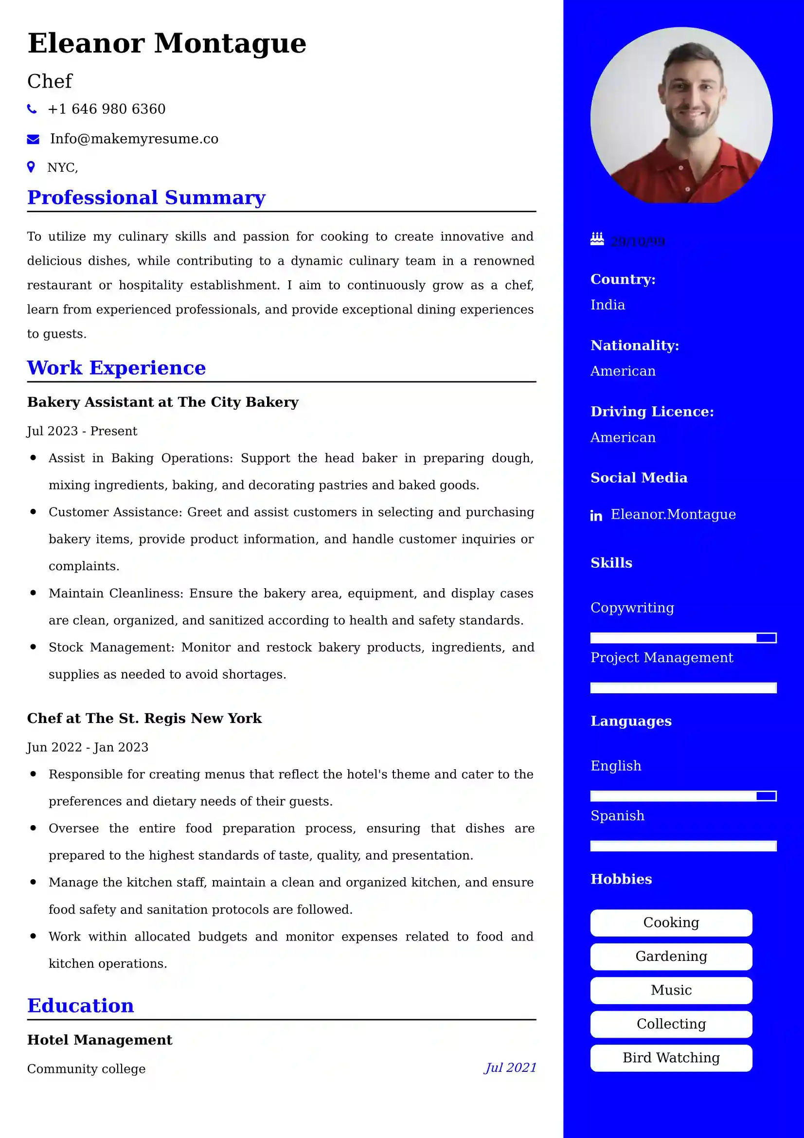 Chef Resume Examples India