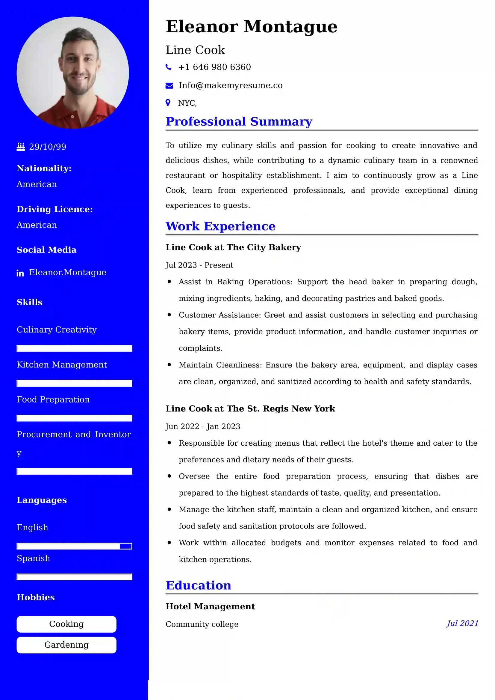 Line Cook Resume Examples India