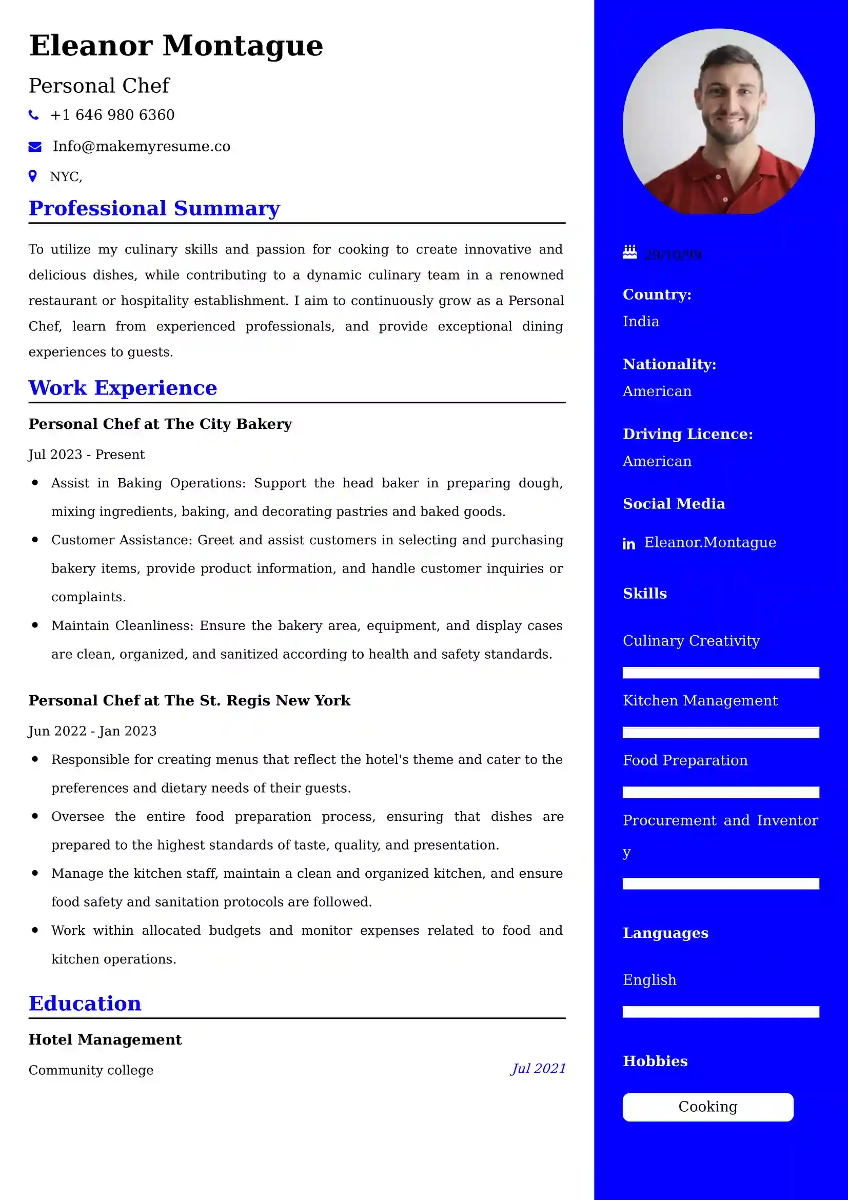 Personal Chef Resume Examples India