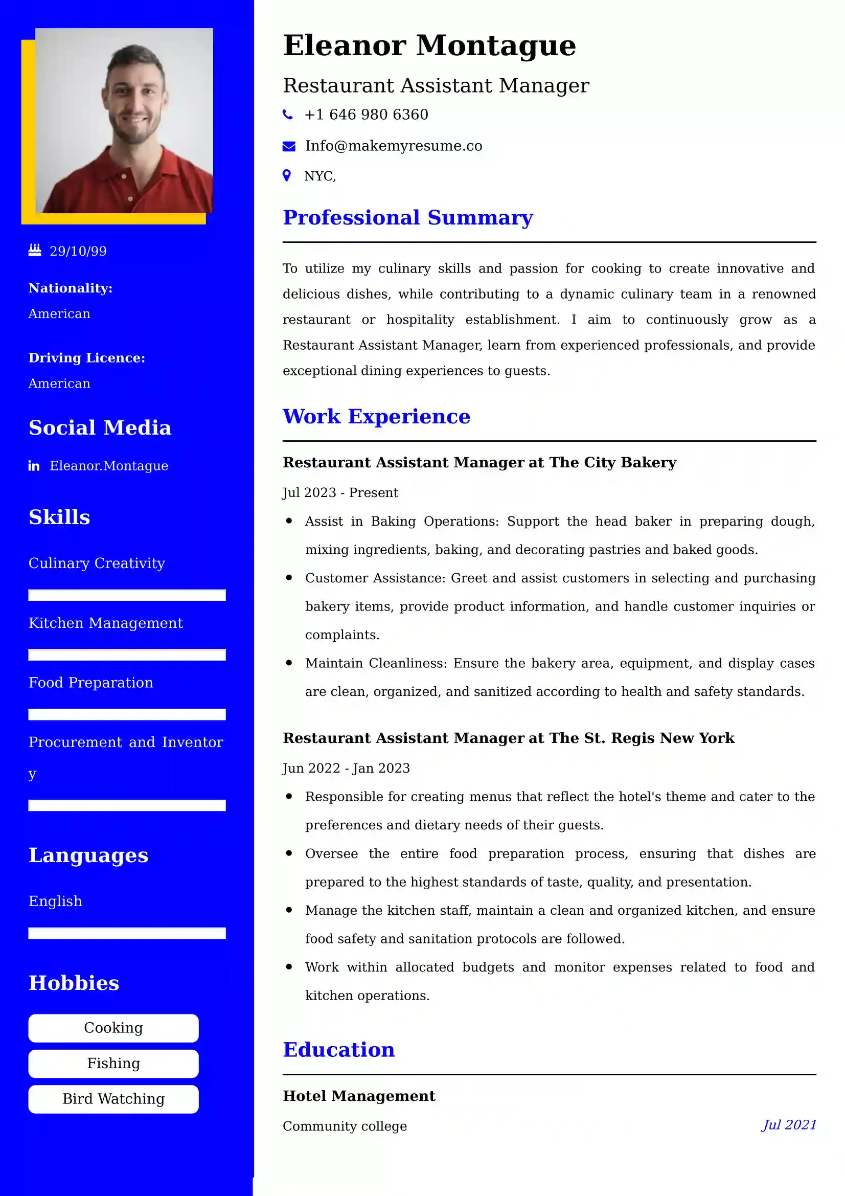 Restaurant Assistant Manager Resume Examples India