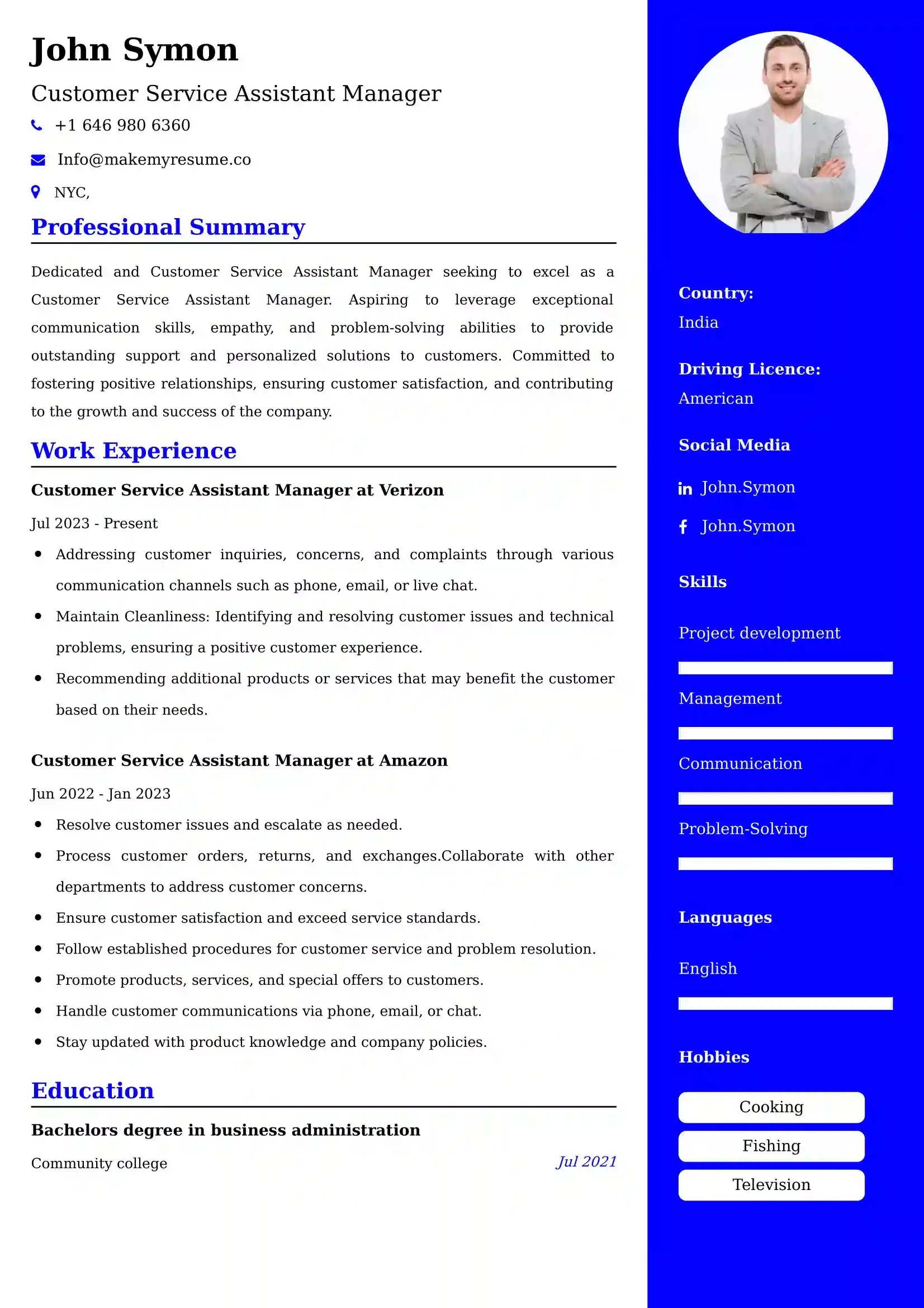 Customer Service Assistant Manager Resume Examples India