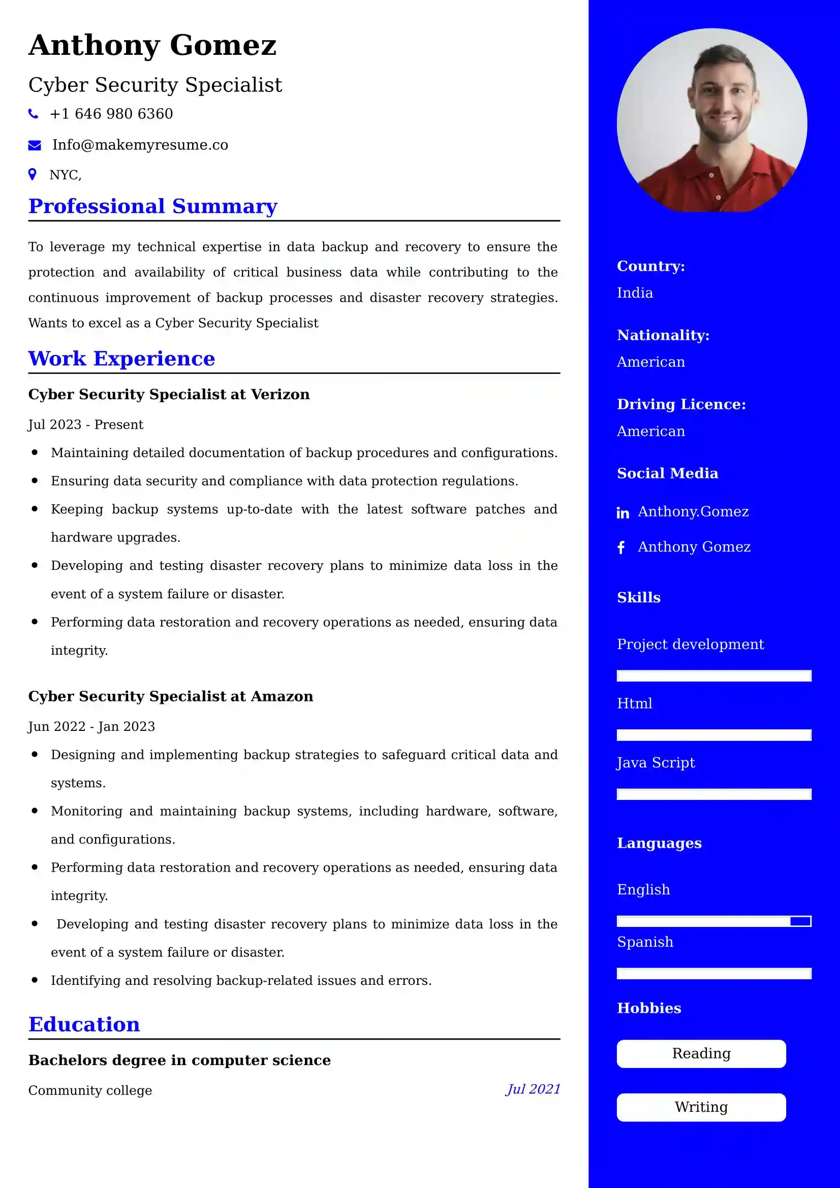 Cyber Security Specialist Resume Examples India