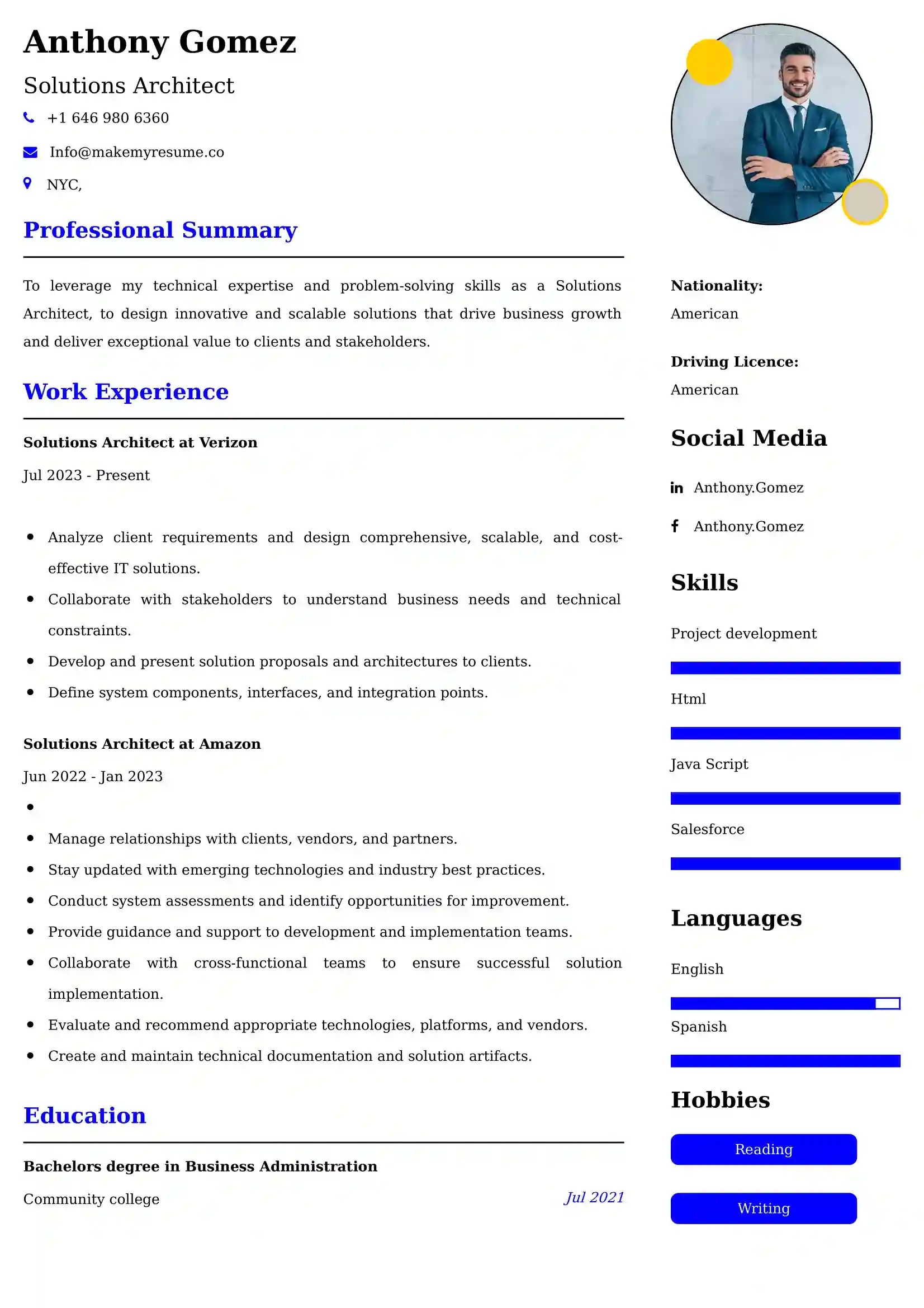 Solutions Architect Resume Examples India