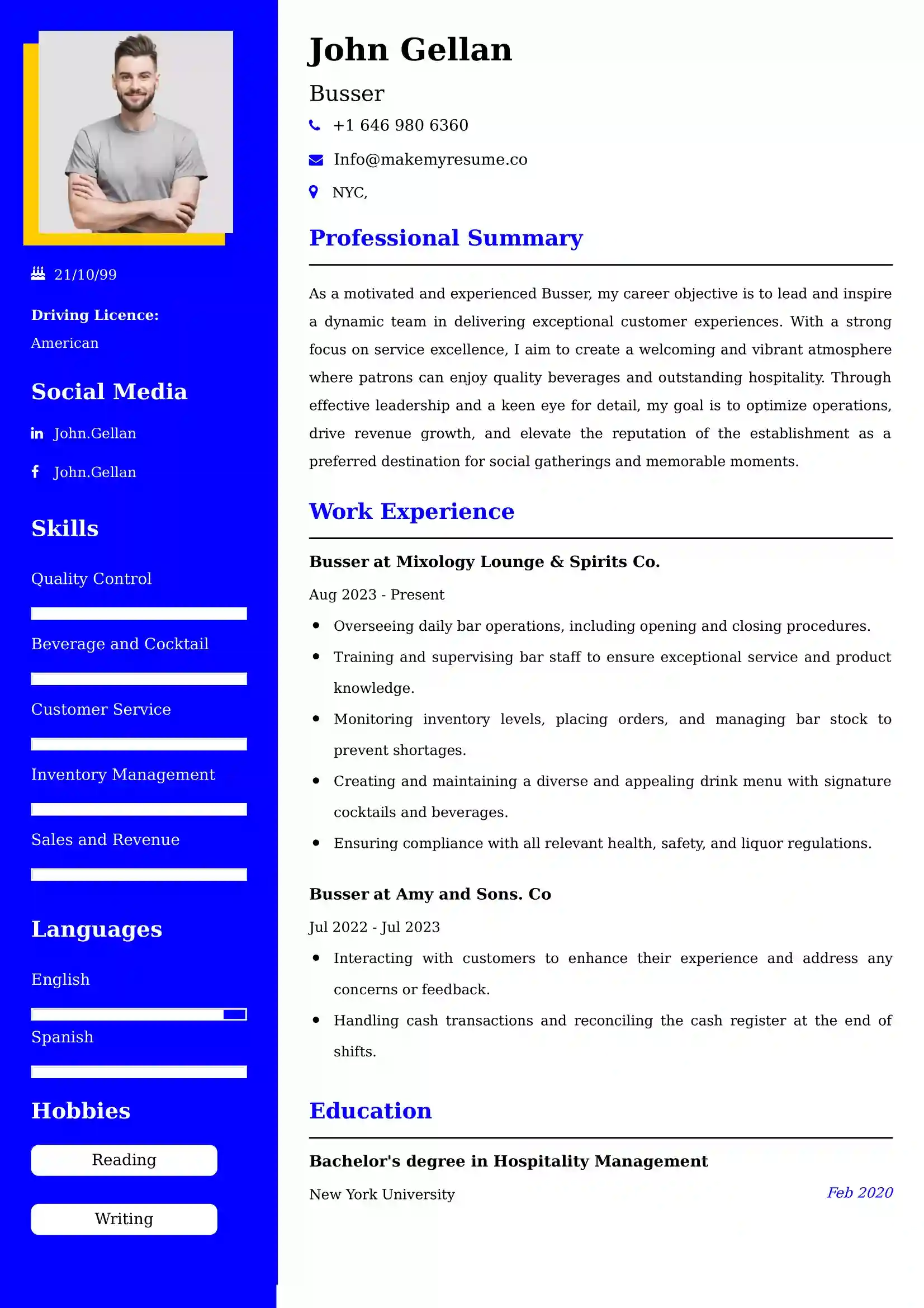 Busser Resume Examples India