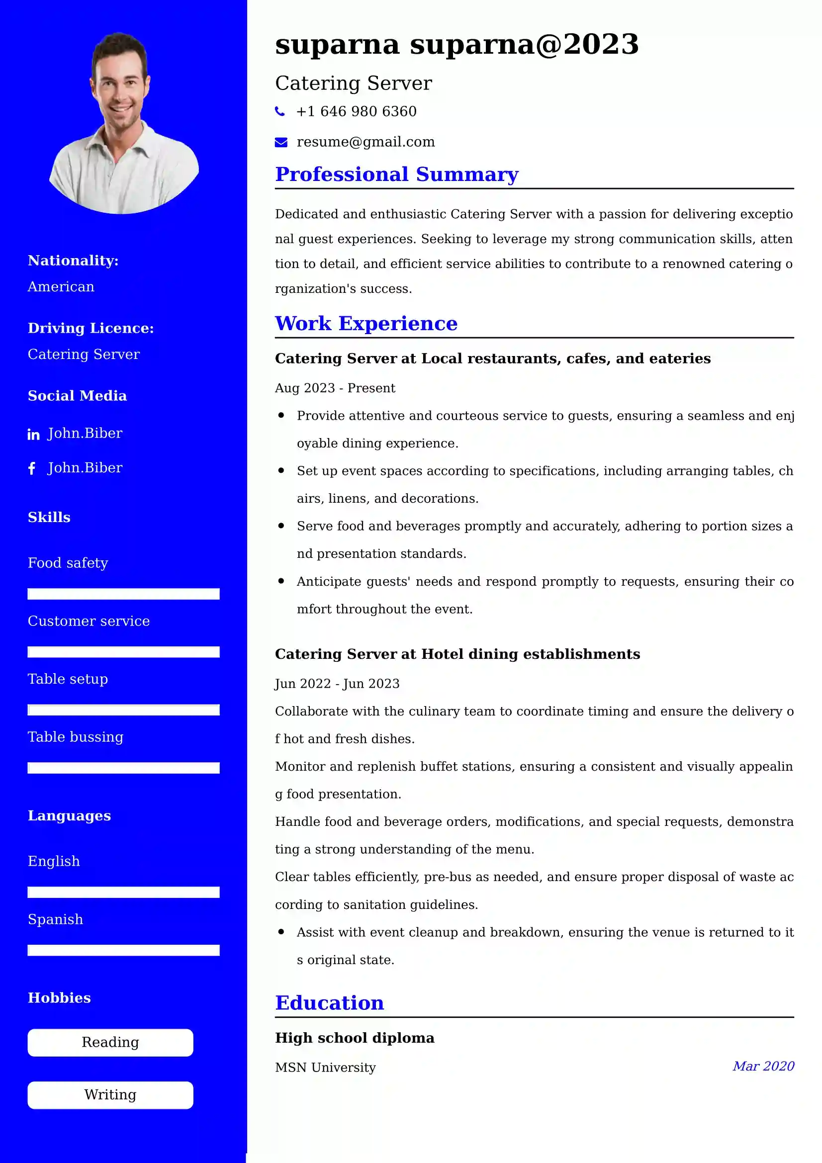 Catering Server Resume Examples India