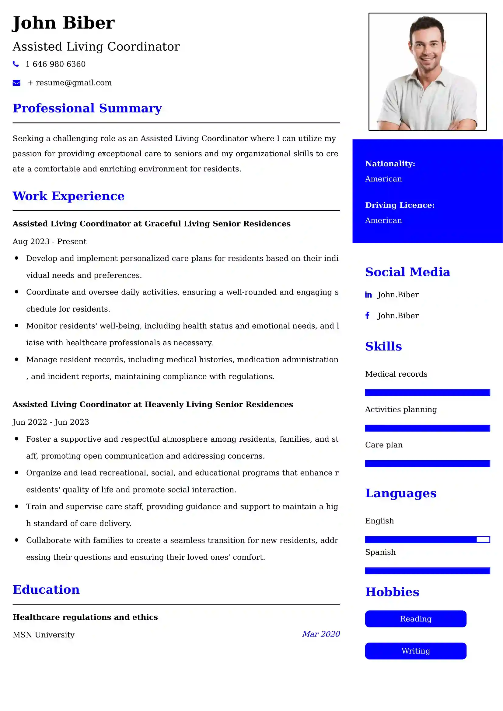 Assisted Living Coordinator Resume Example