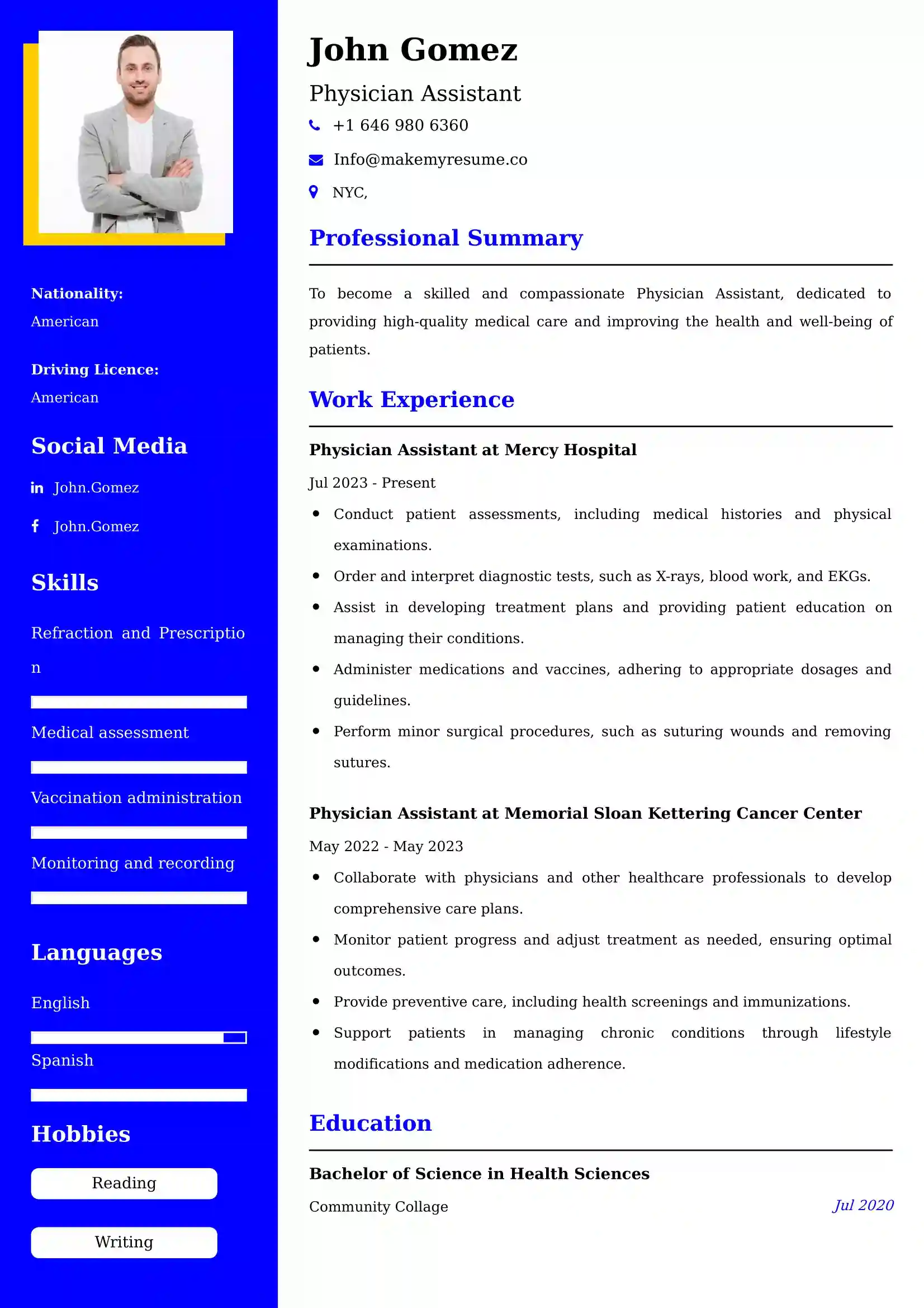 Physician Assistant Resume Examples India