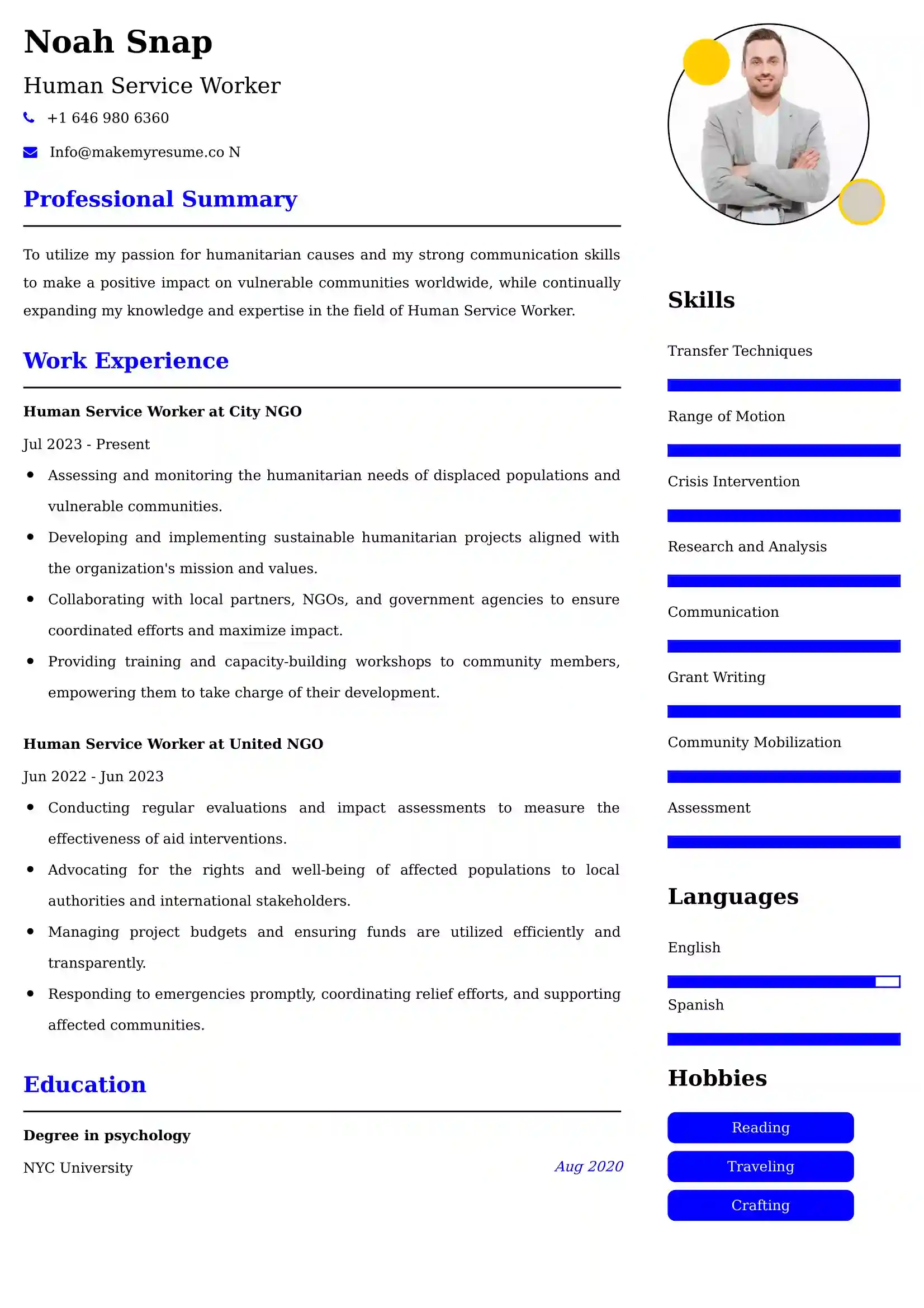 Human Service Worker Resume Examples India