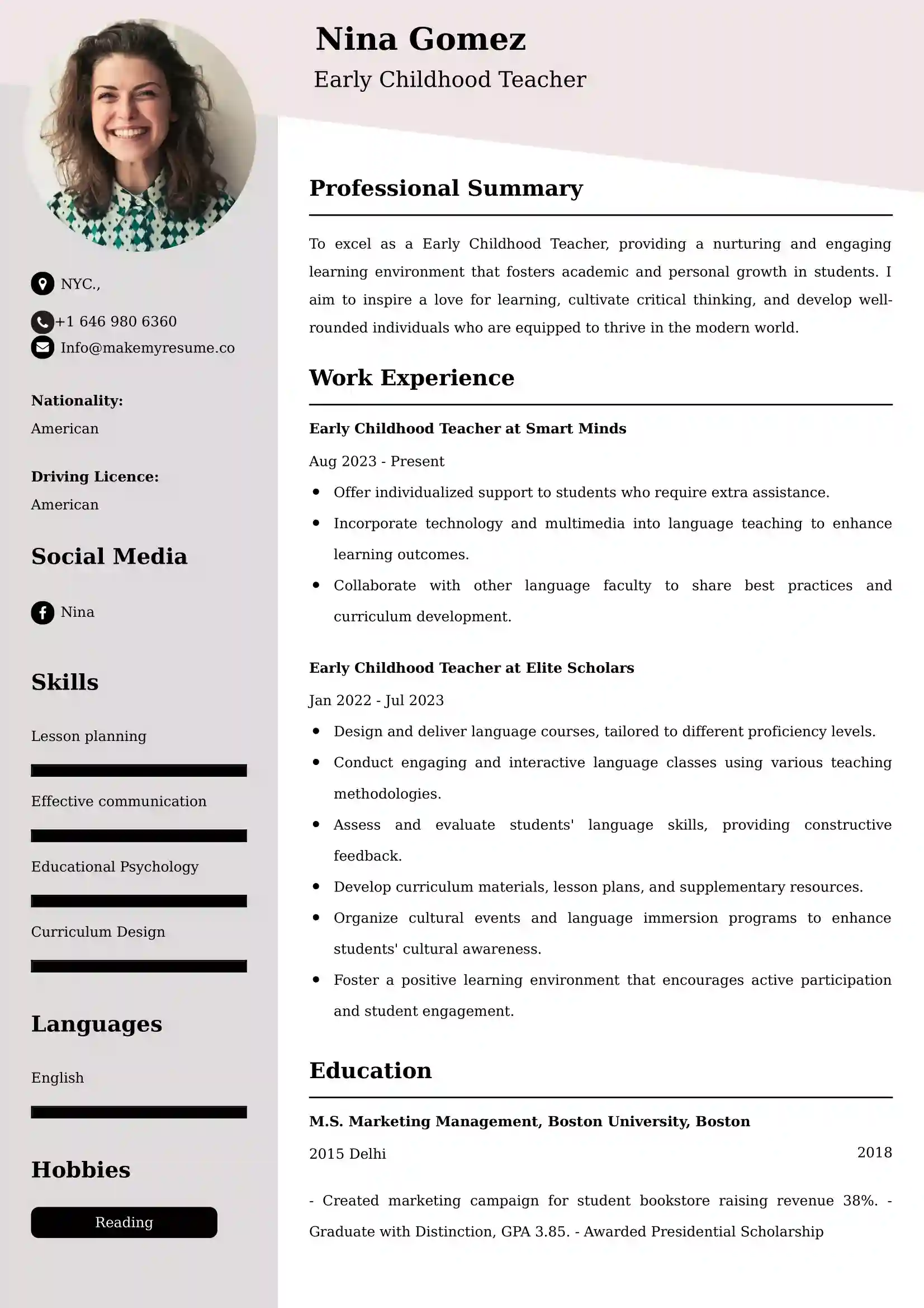 Early Childhood Teacher Resume Examples India