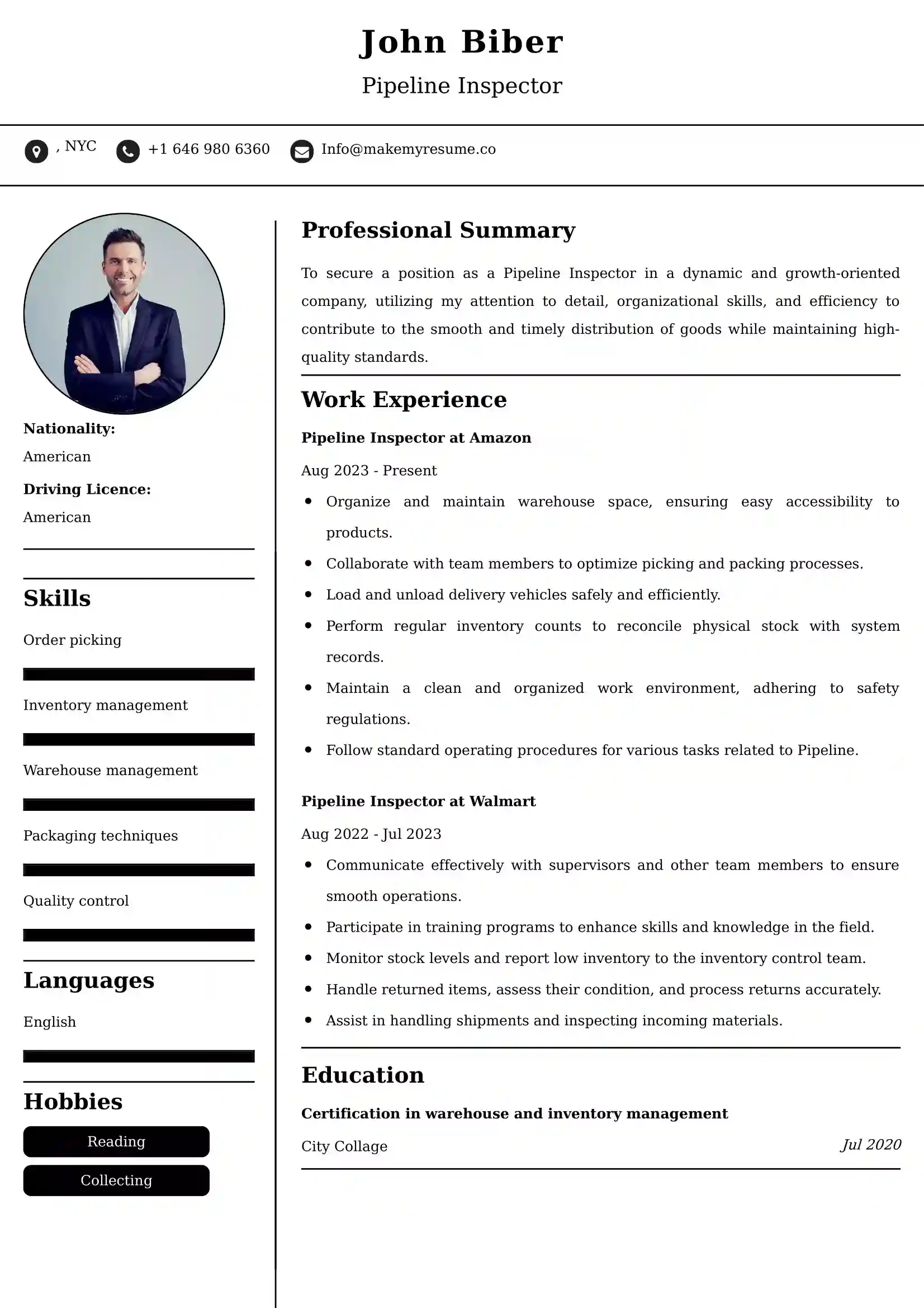 Pipeline Inspector Resume Examples India
