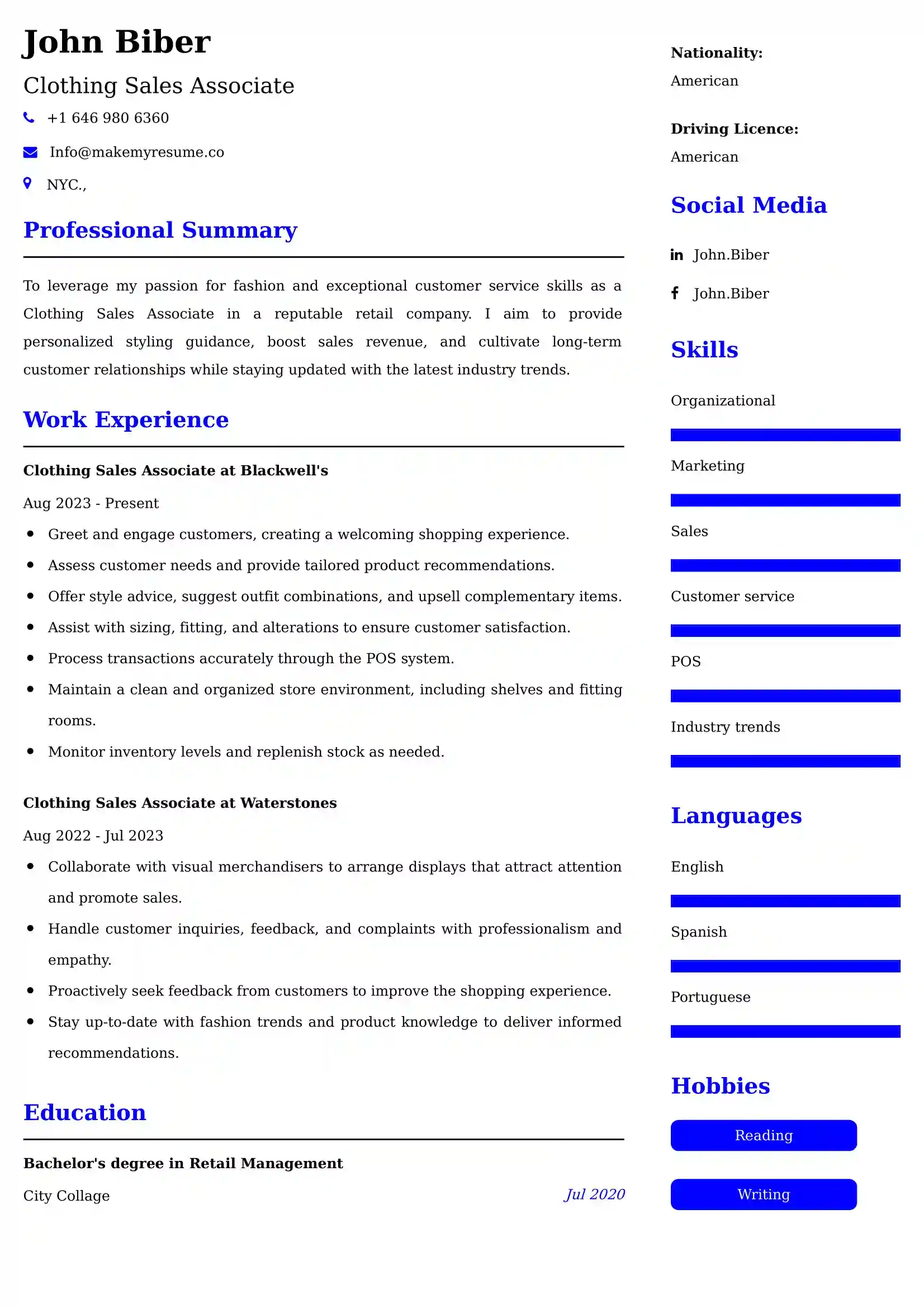 Clothing Sales Associate Resume Examples India