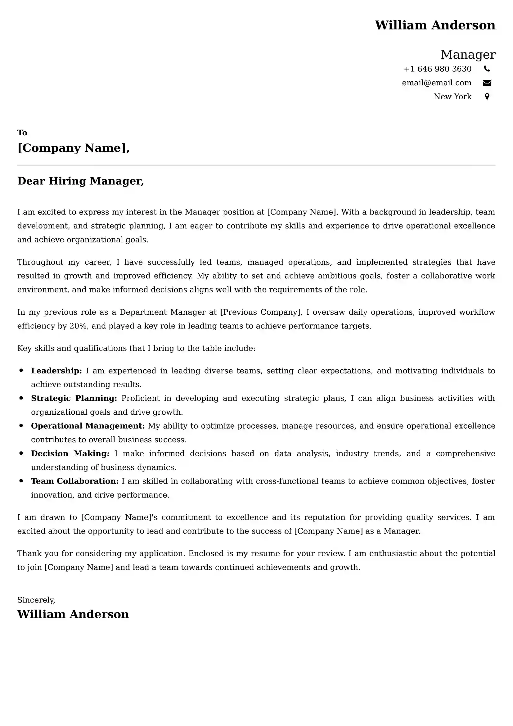 Manager Cover Letter Examples India