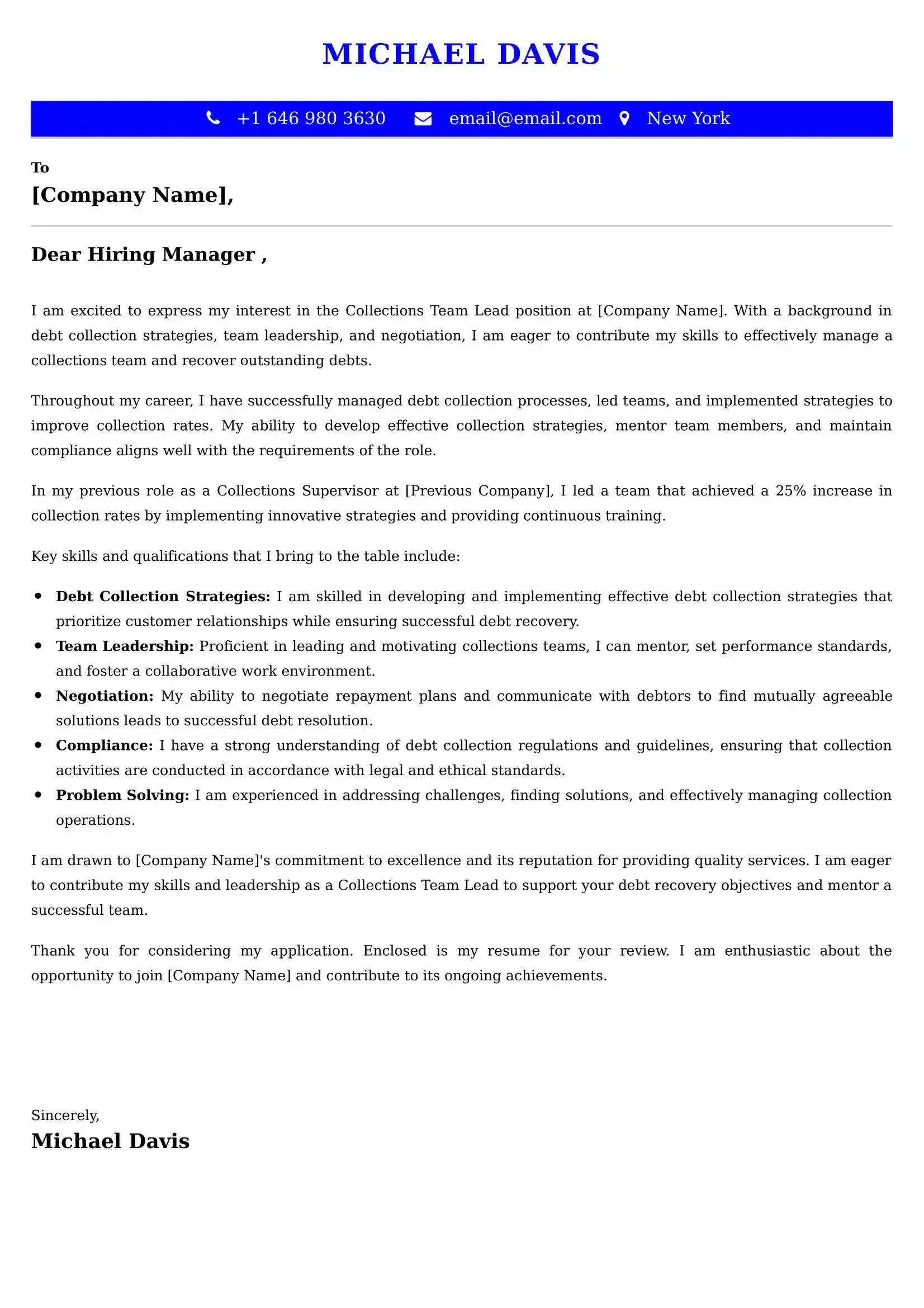 Collections Team Lead Cover Letter Examples India