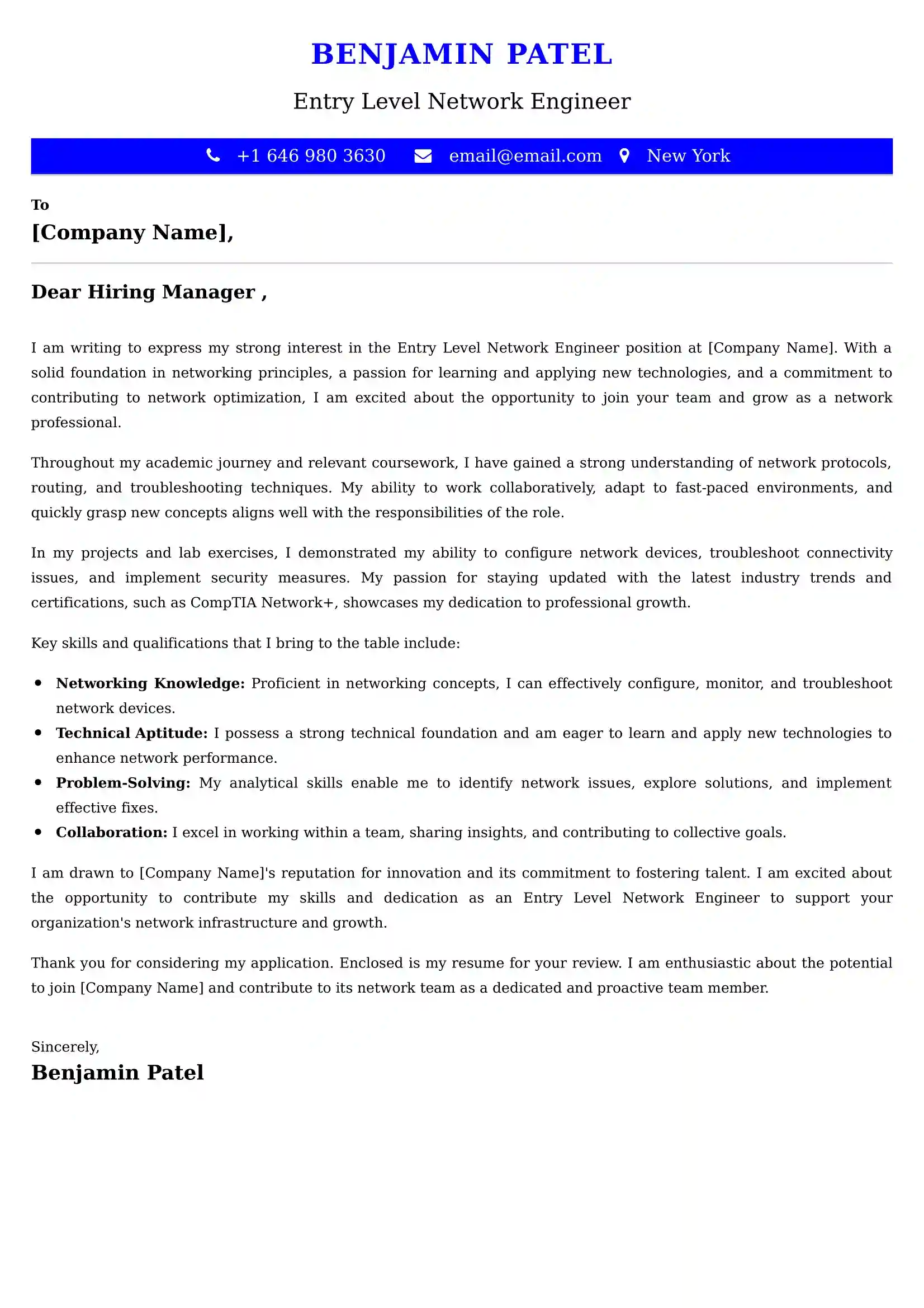 Entry Level Network Engineer Cover Letter Examples India
