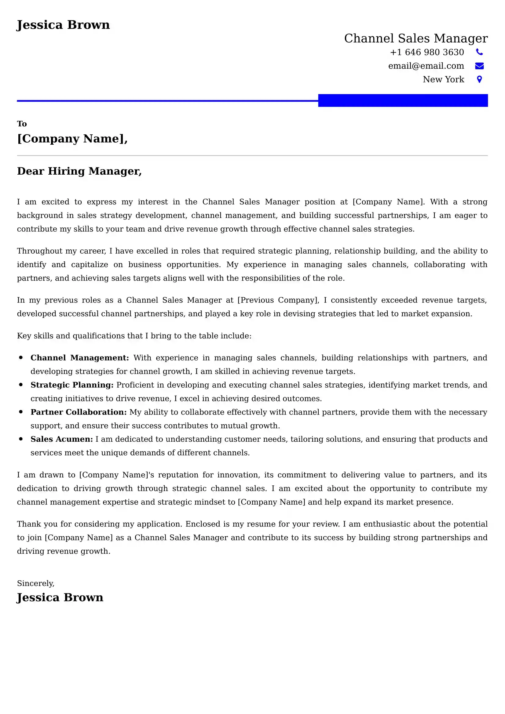Channel Sales Manager Cover letter Sample
