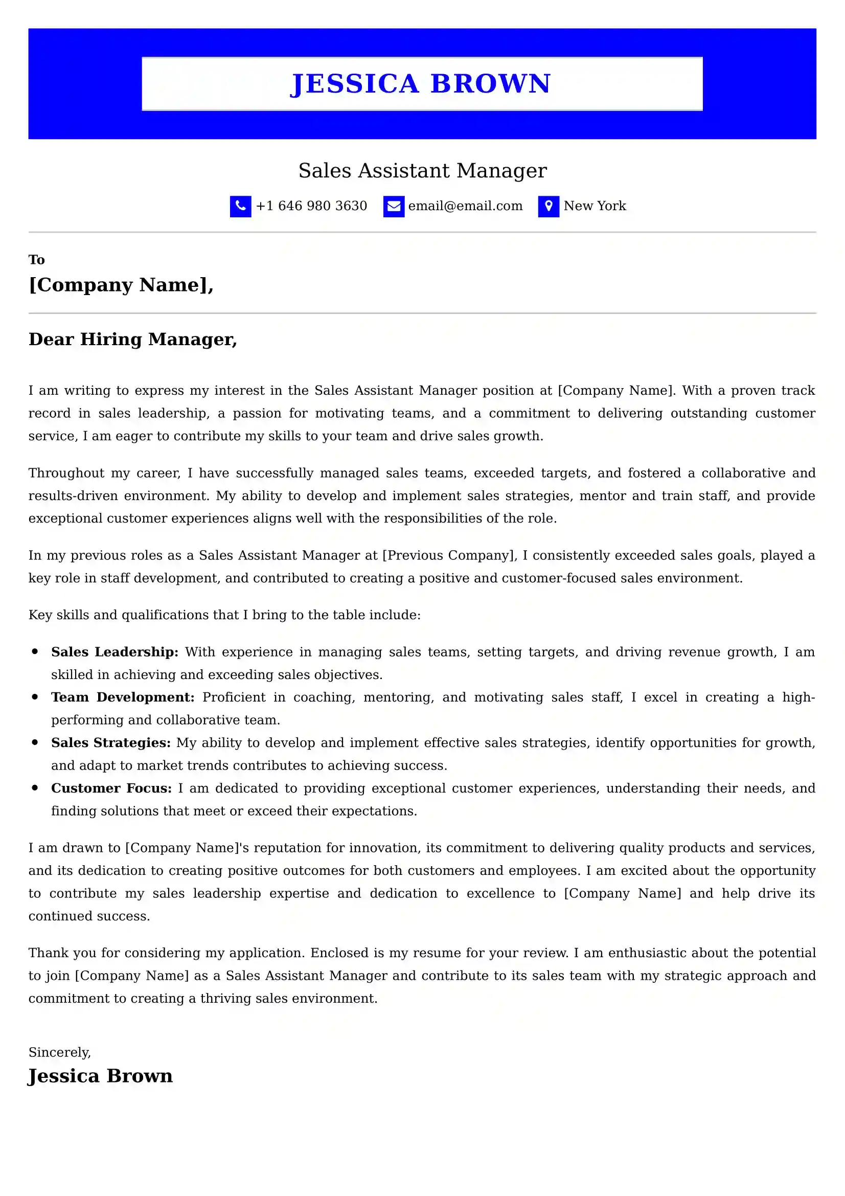 Sales Assistant Manager Cover Letter Examples India