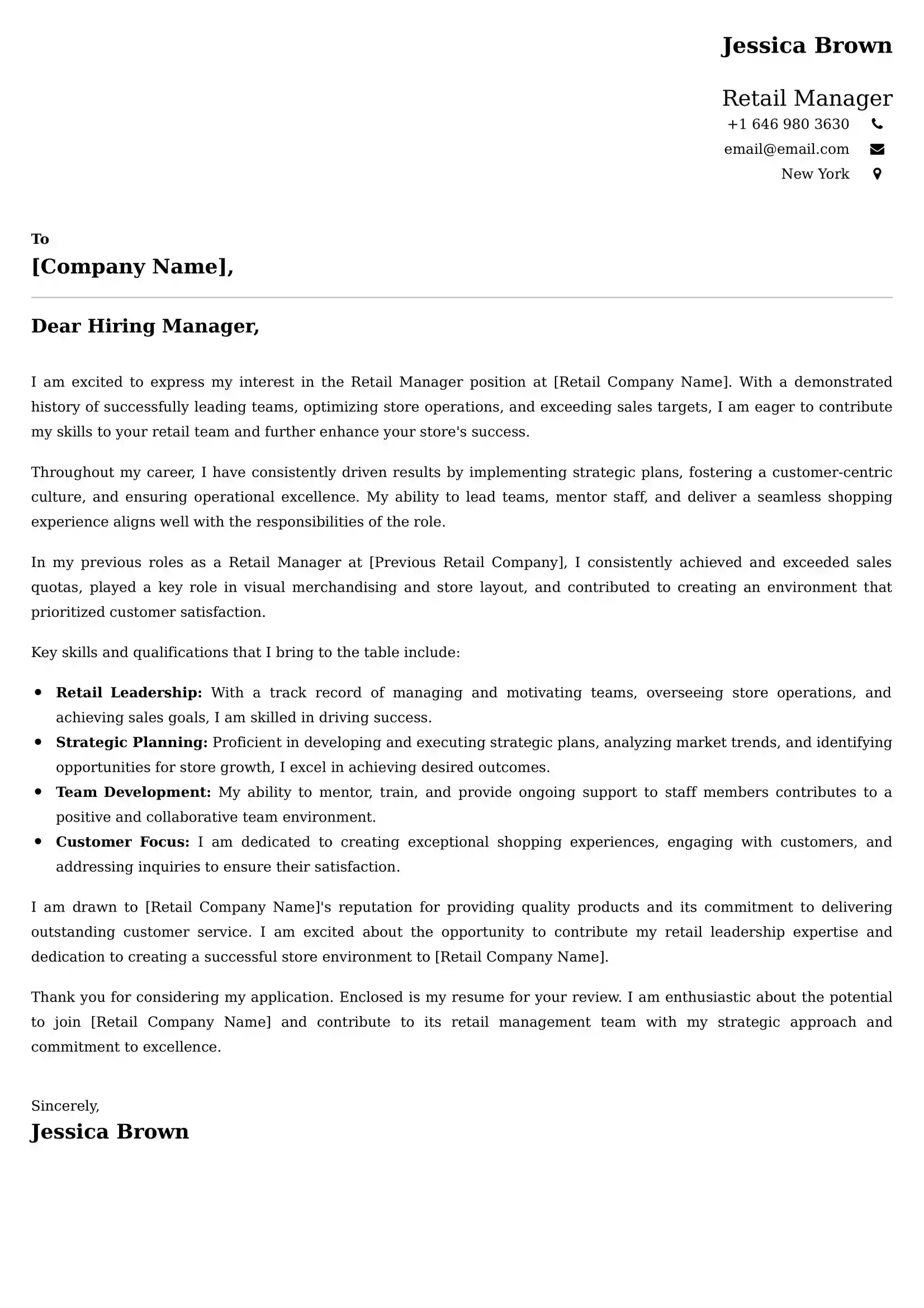 Retail Manager Cover Letter Examples India