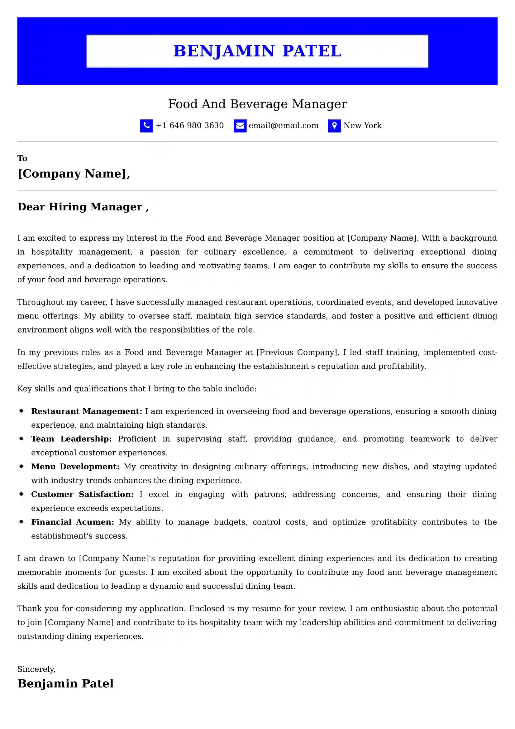 Food And Beverage Manager Cover Letter Examples India